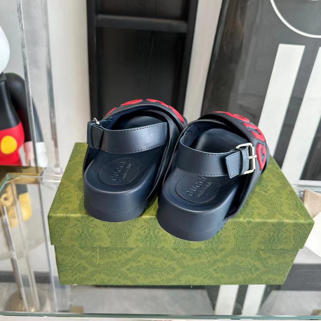 Gucci Unisex GG Gucci Sandal Smooth Blue Red Leather Script Rubber Buckle Flat