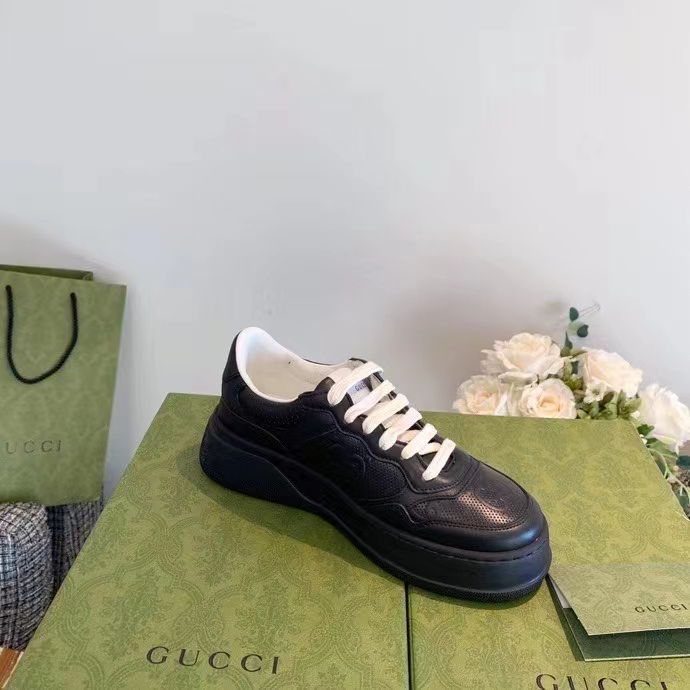 Gucci Unisex Ace GG Embossed Sneaker Black GG Embossed Leather Rubber Sole