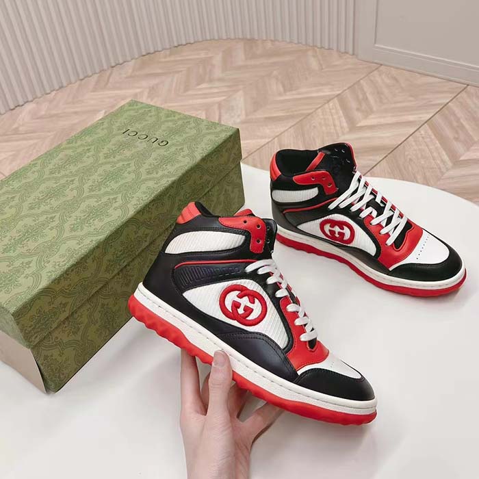Gucci Unisex Mac80 High Top Sneaker Off Black Red Leather Round Toe Rubber Sole Flat
