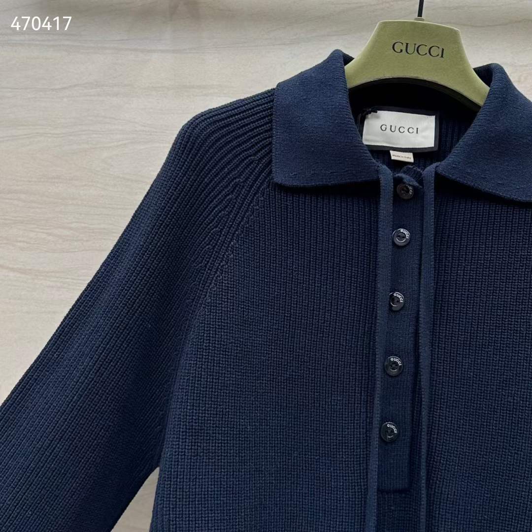 Gucci Women GG Chunky Rib Cotton Polo Top Knitted Label Raglan Long Sleeves