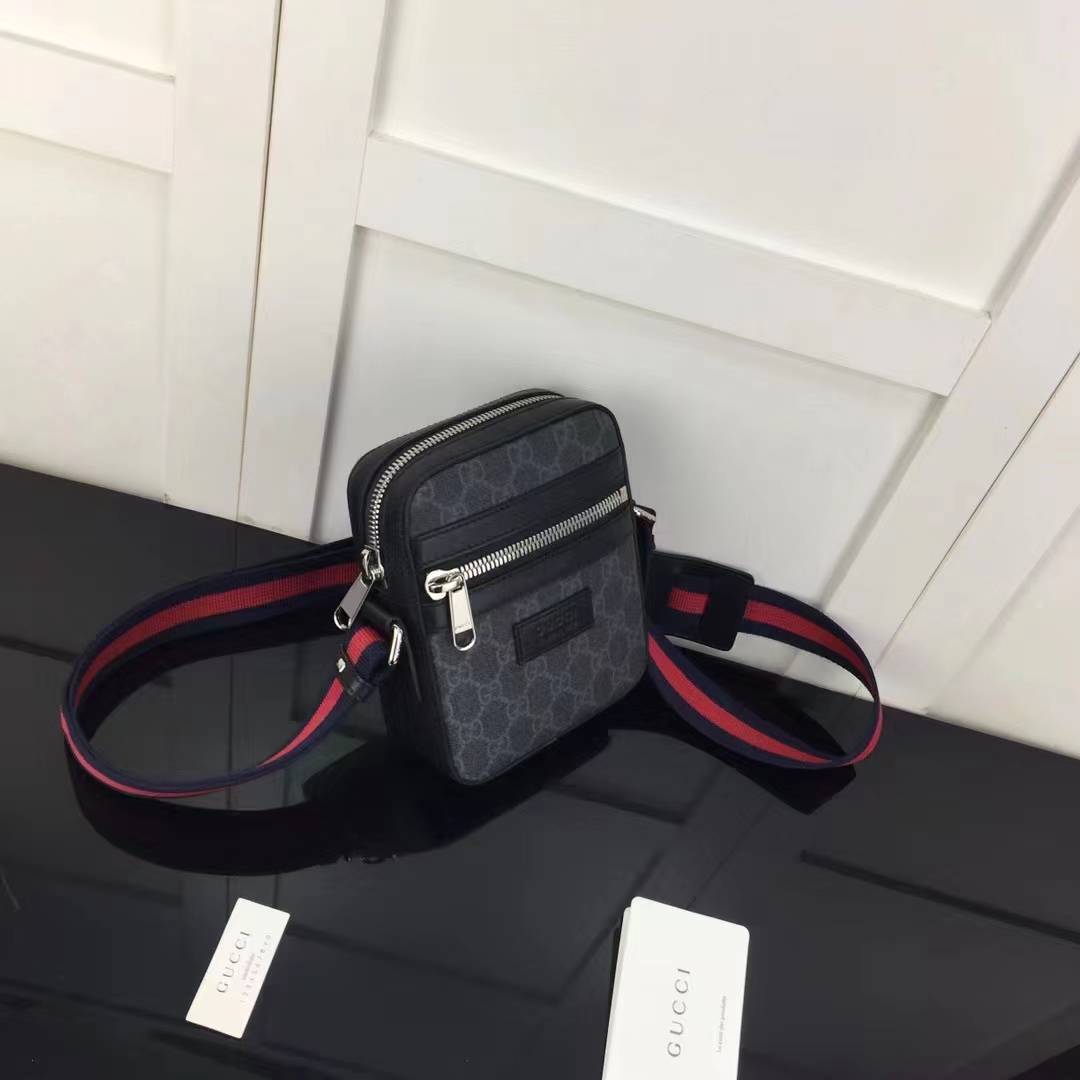 Gucci GG Unisex Black Messenger Black Grey GG Supreme Canvas Blue Red Web