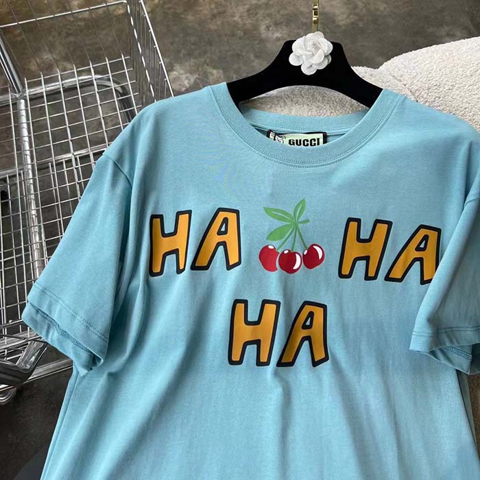 Gucci Women GG HA HA HA Cherry T-Shirt Light Blue Medium Cotton Jersey Crewneck