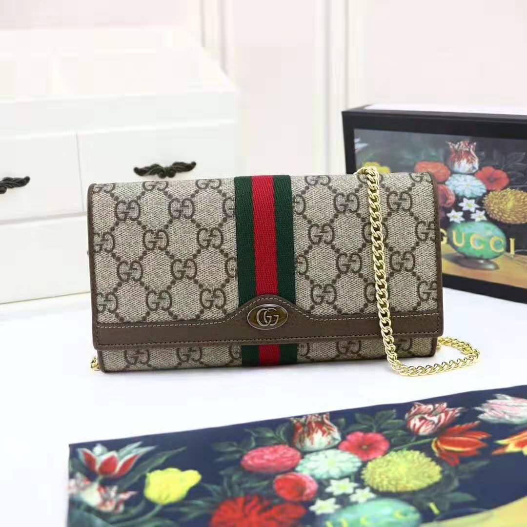 Gucci GG Women Ophidia GG Chain Wallet in Beige/Ebony GG Supreme Canvas