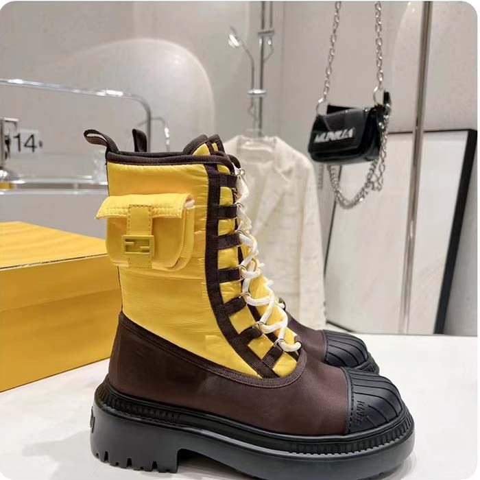 Fendi Women FF Domino Biker Boots Yellow Nylon Polyamide Polyester