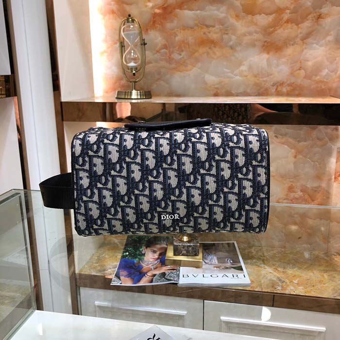 Dior Unisex CD Dior Lingot Toiletry Case Beige Black Oblique Jacquard Grained Calfskin