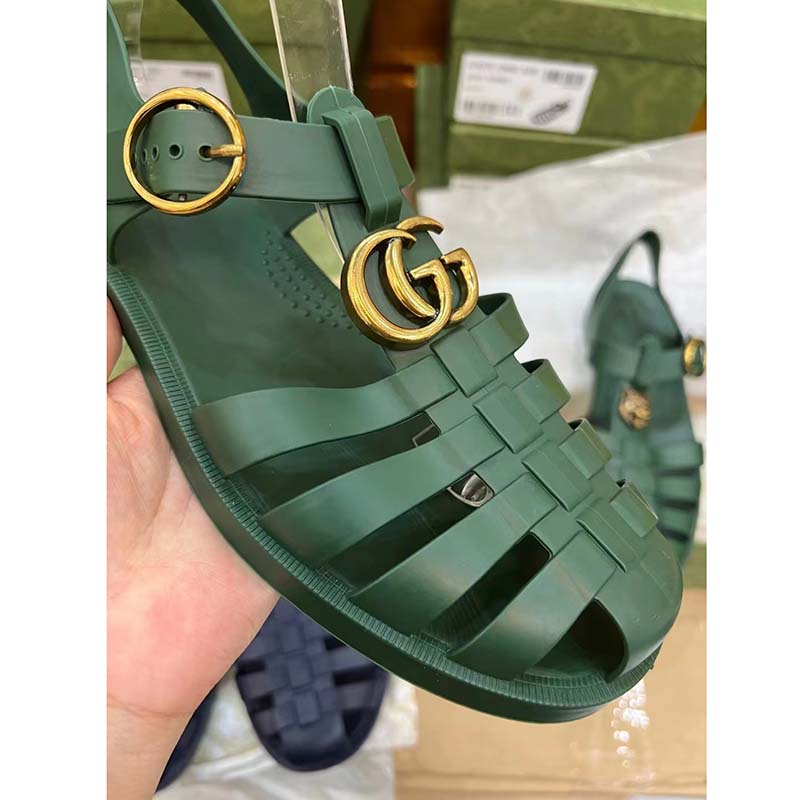 Gucci Unisex GG Sandal Double G Transparent Emerald Green Rubber Flat