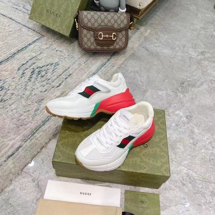 Gucci Unisex GG Rhyton Sneaker White Leather Mesh Rubber Sole Low Heel
