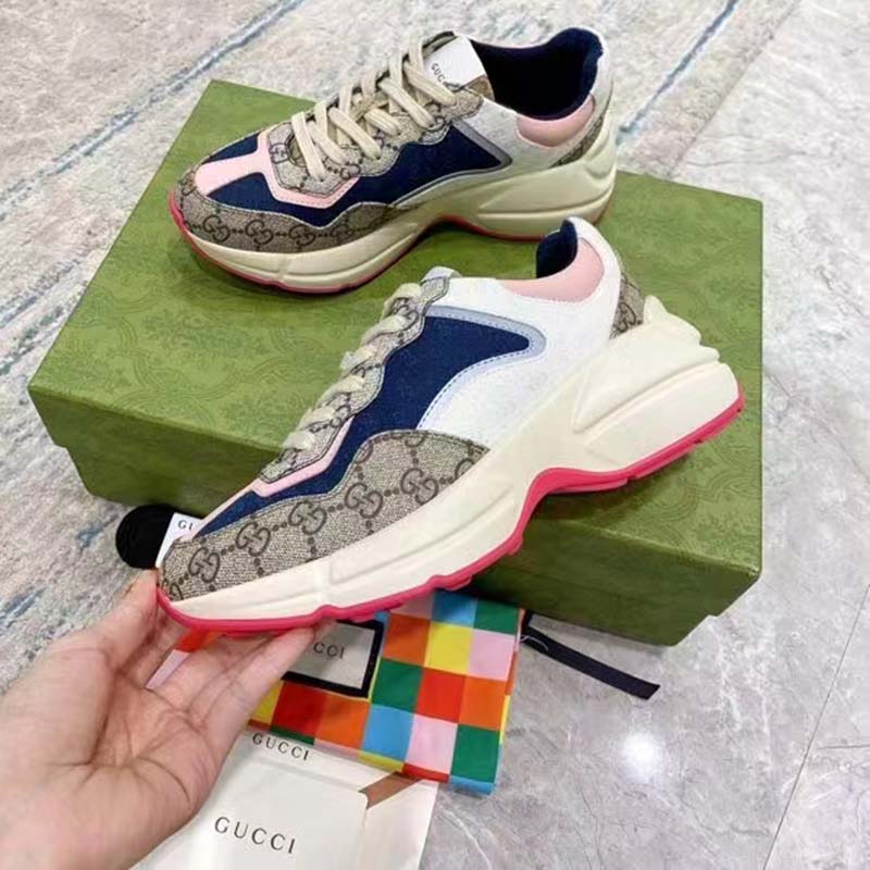 Gucci Unisex GG Rhyton Sneaker Beige Blue Pink GG Supreme Canvas Low Heel