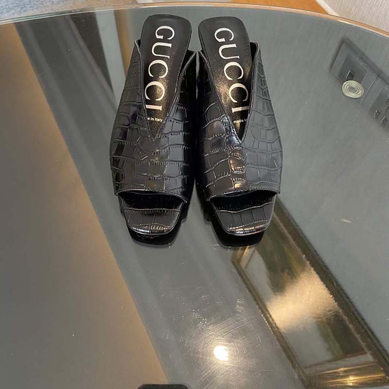 Gucci Women GG Crocodile Print Pump Square Toe Leather Sole Mid 7.6 Cm Heel