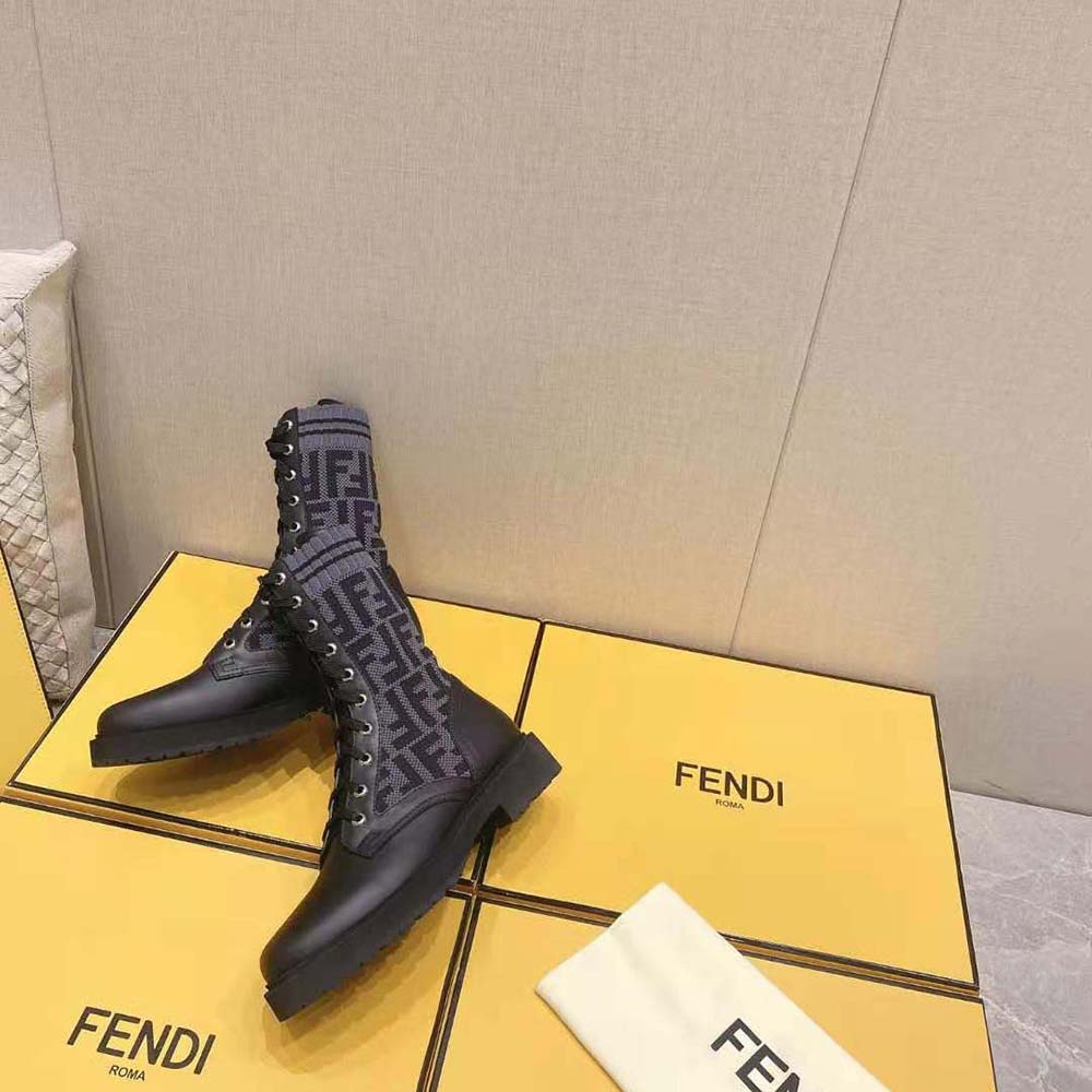 Fendi Women Rockoko Black Leather Biker Boots with Stretch Fabric