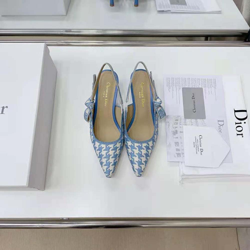 Dior Women J Adior Slingback Pump Cornflower Blue Cotton Embroidery with Micro Houndstooth Motif