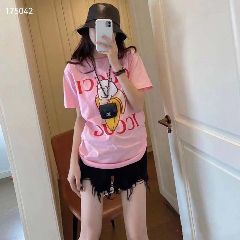 Gucci GG Women Bananya Cotton T-Shirt Pink Jersey Crewneck Oversize Fit