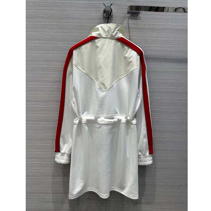 Gucci Women GG Technical Jersey Dress Web High Neck Dropped Shoulder Elastic Cuffs Drawstring Waist