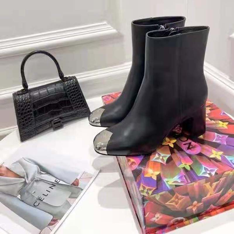 Louis Vuitton LV Women Louise Ankle Boot LV Circle Signature Black Calf Leather Metal Toe Cap