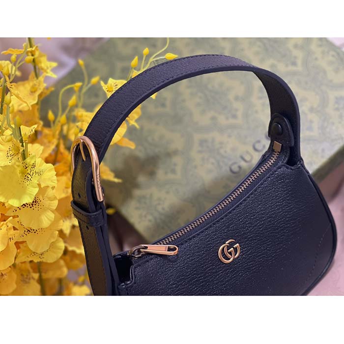 Gucci Women GG Aphrodite Shoulder Bag Double G Black Leather Zip Closure