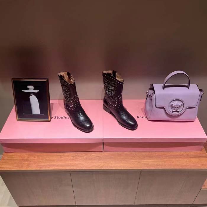 Gucci Women GG Boot Double G Embroidery Studs Black Leather Low 3.6 CM Heel