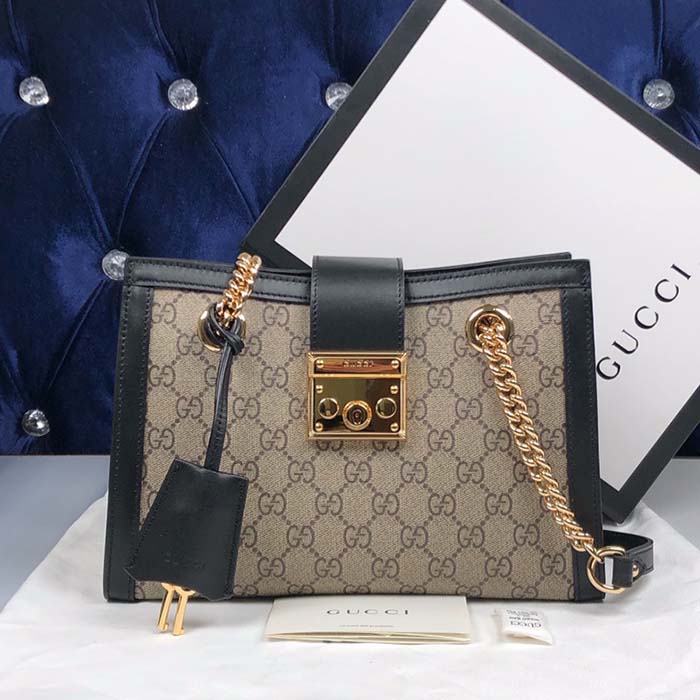Gucci Women Padlock Small GG Shoulder Bag Beige Ebony GG Supreme Canvas Black Leather