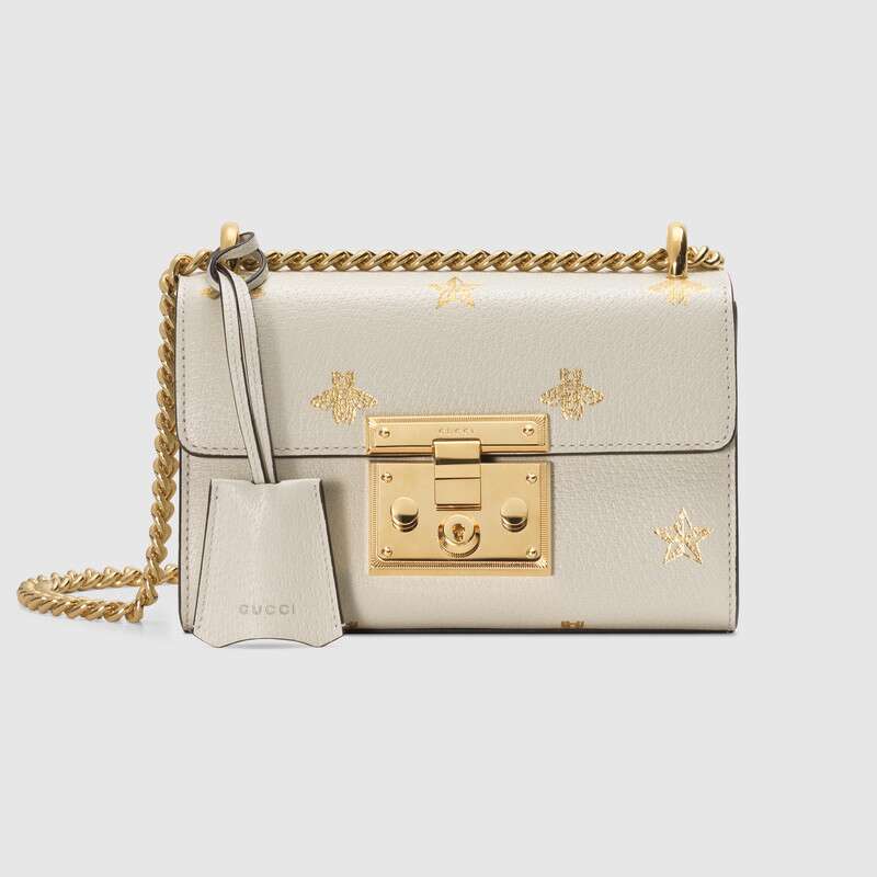 Gucci GG Women Padlock Bee Star Small Shoulder Bag in Leather with Gold Bees and Stars Print