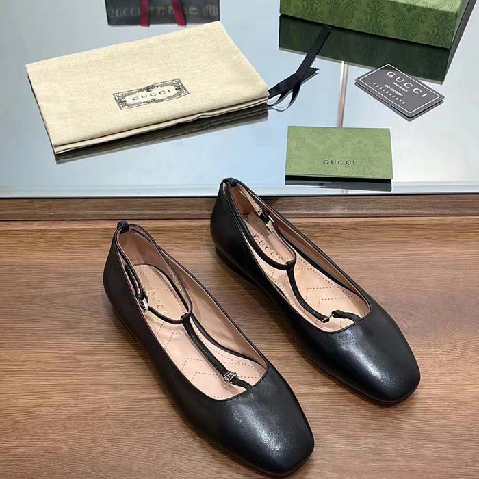 Gucci Women GG Ballet Flat Double G Black Leather Sole Flat 1 Cm Heel