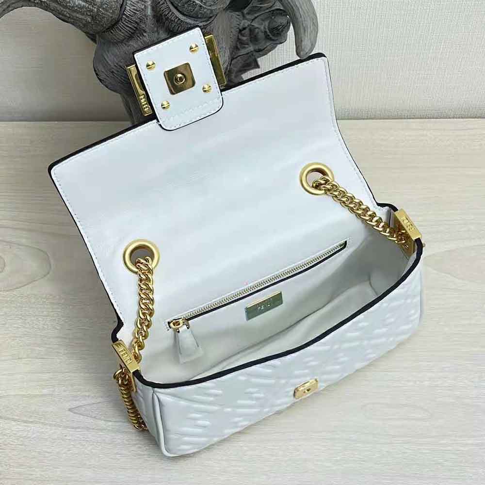 Fendi Women Baguette Chain Midi Light Gray Leather Bag-White
