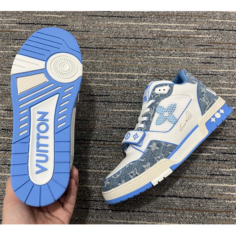 Louis Vuitton Unisex LV Trainer Sneaker Blue Monogram Denim Rubber Monogram Flowers