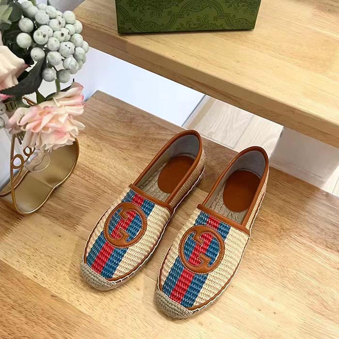 Gucci Unisex GG Interlocking G Espadrilles Natural Raffia Brown Leather Round Toe Flat