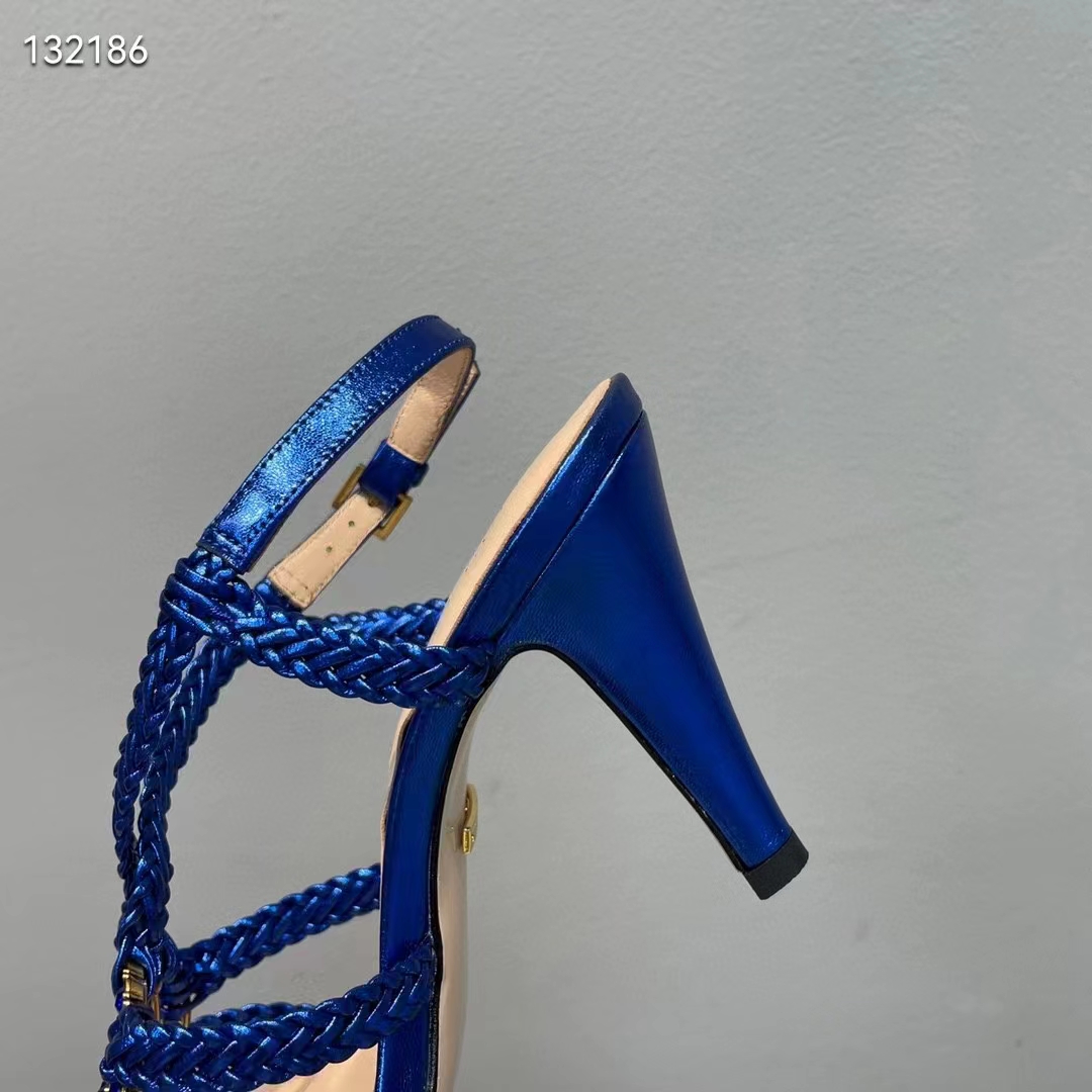 Gucci Women GG Cystal Interlocking G Sandal Blue Metallic Braided High 9 CM Heel