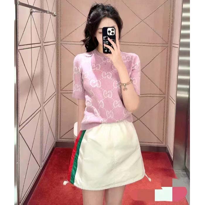 Gucci Women GG Knit Wool Top Pink Crewneck Short Sleeves