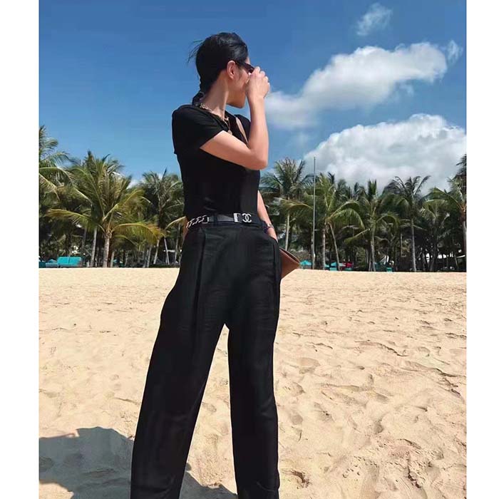 Chanel Women CC Chain Belt Calfskin Leather Silver-Tone Metal Strass Black