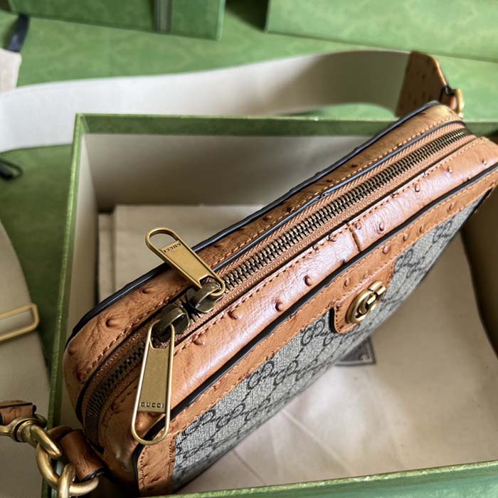 Gucci Unisex Python Trim Shoulder Bag Double G Beige Ebony GG Supreme Canvas