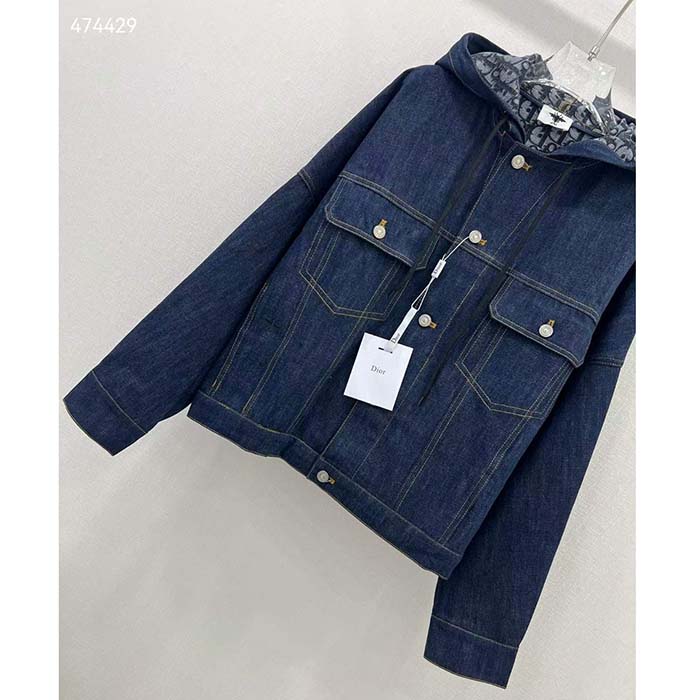 Dior Men CD Oversized Hooded Jacket Blue Cotton Denim Dior Oblique Interior
