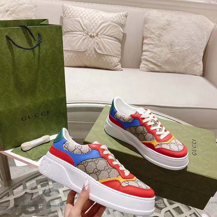 Gucci Unisex Sneaker Beige Blue GG Supreme Canvas Interlocking G 5.6 Cm Heel