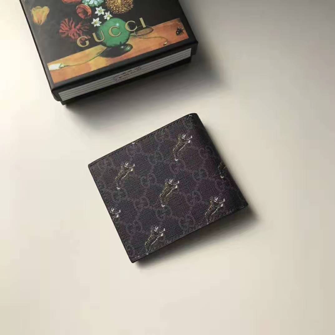 Gucci GG Men GG Wallet with Tiger Print in Black/Grey GG Supreme Canvas