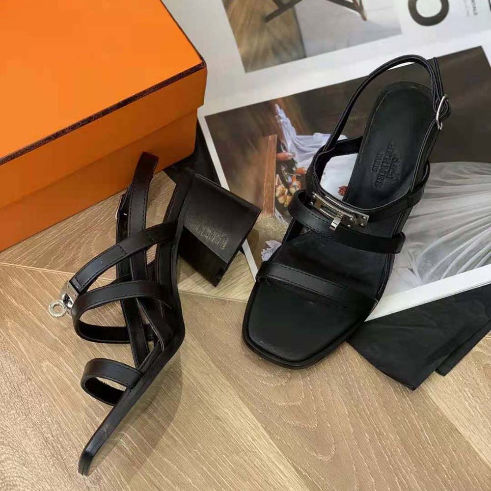 Hermes Women Eve 60 Sandal in Calfskin Leather-Black