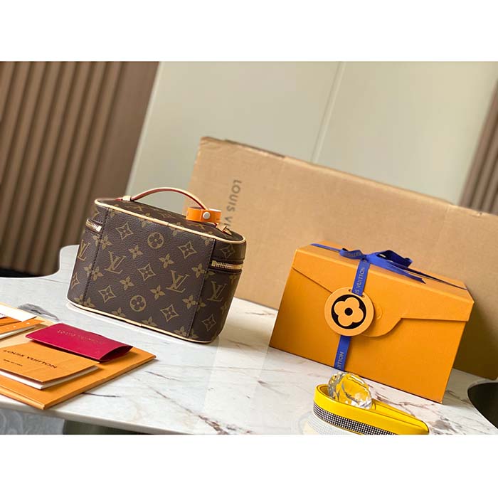 Louis Vuitton LV Unisex Nice Mini Toiletry Pouch Monogram Coated Canvas Natural Cowhide Leather