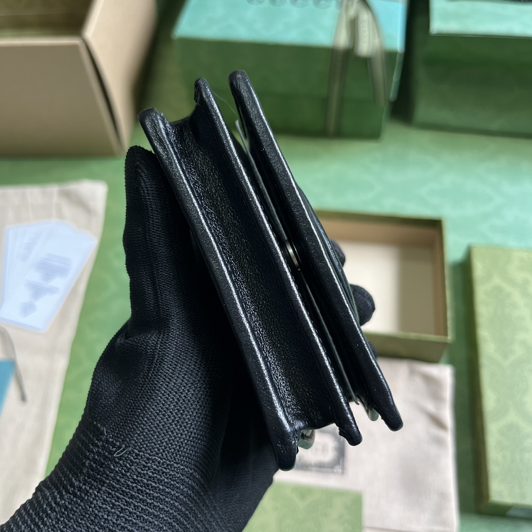 Gucci GG Unisex Blondie Card Case Wallet Black Leather Taffeta Lining Round Interlocking G