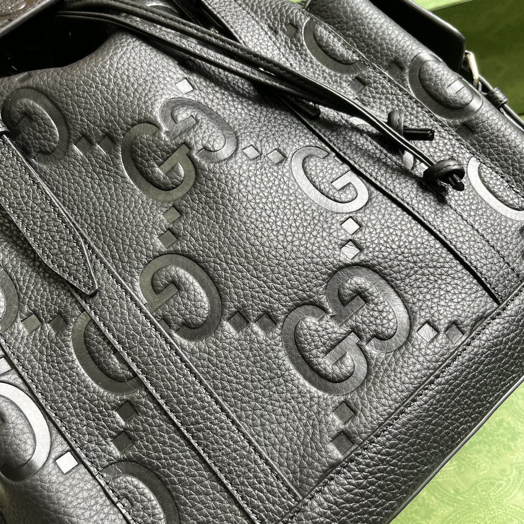 Gucci Unisex Jumbo GG Backpack Black Leather Cotton Linen Top Handle