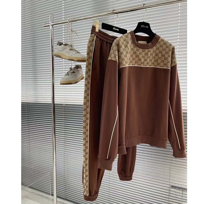 Gucci GG Men Cotton Jersey Sweatshirt GG Canvas Yoke Crewneck Dropped Shoulder Batwing Sleeves