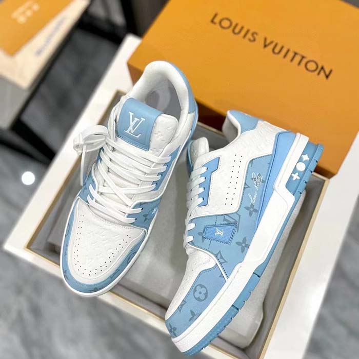 Louis Vuitton Unisex LV Trainer Sneaker Blue Mix Materials Rubber Initials Monogram Flowers