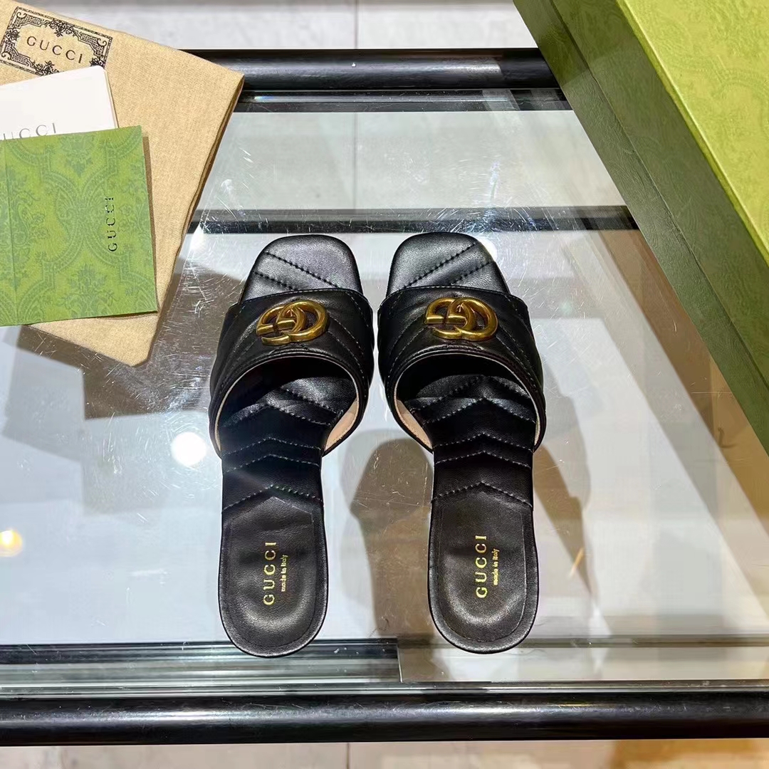 Gucci Women GG Double G Slide Sandal Black Chevron Matelassé Leather 7.6 cm Heel