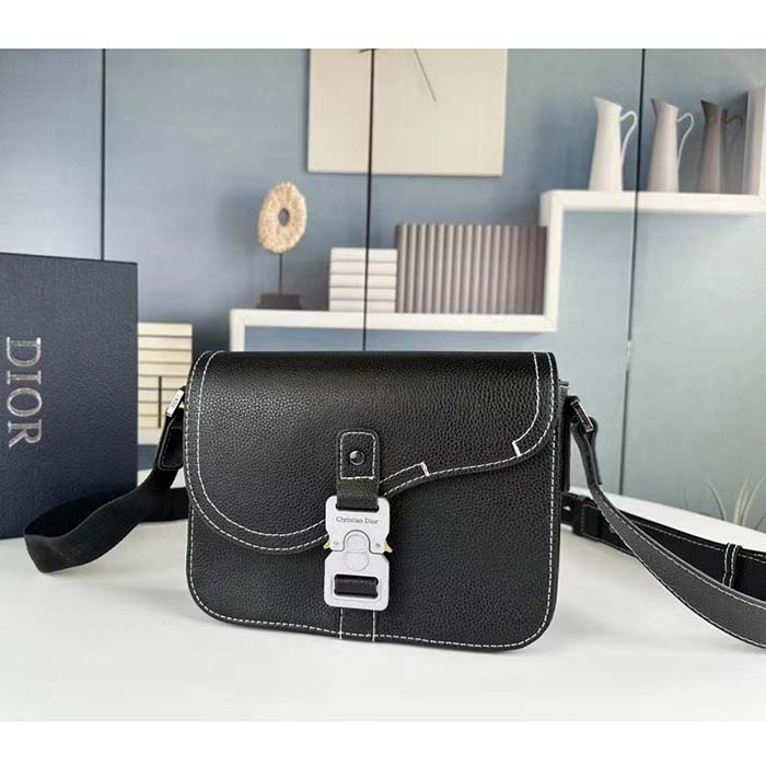 Dior Unisex CD Mini Saddle Bag Strap Black Grained Calfskin Flap Closure
