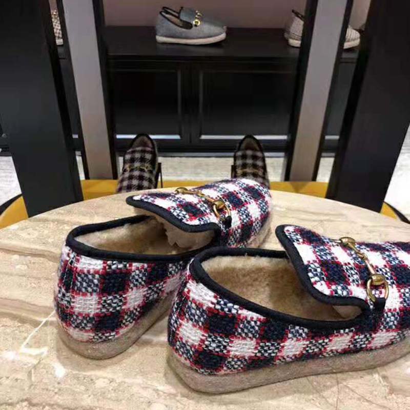 Gucci Unisex GG Check Tweed Loafer in Blue White and Red Check Tweed