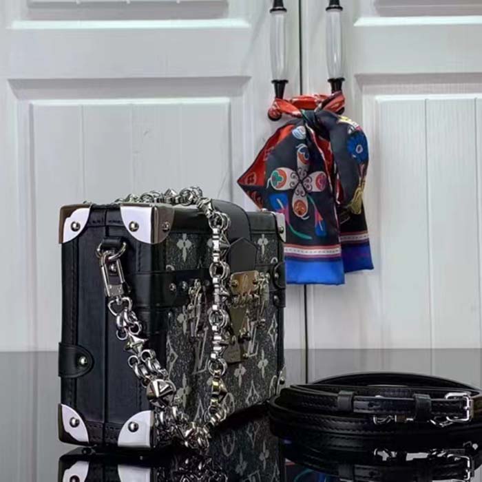 Louis Vuitton LV Women Petite Malle Handbag Gray Denim Textile Jacquard