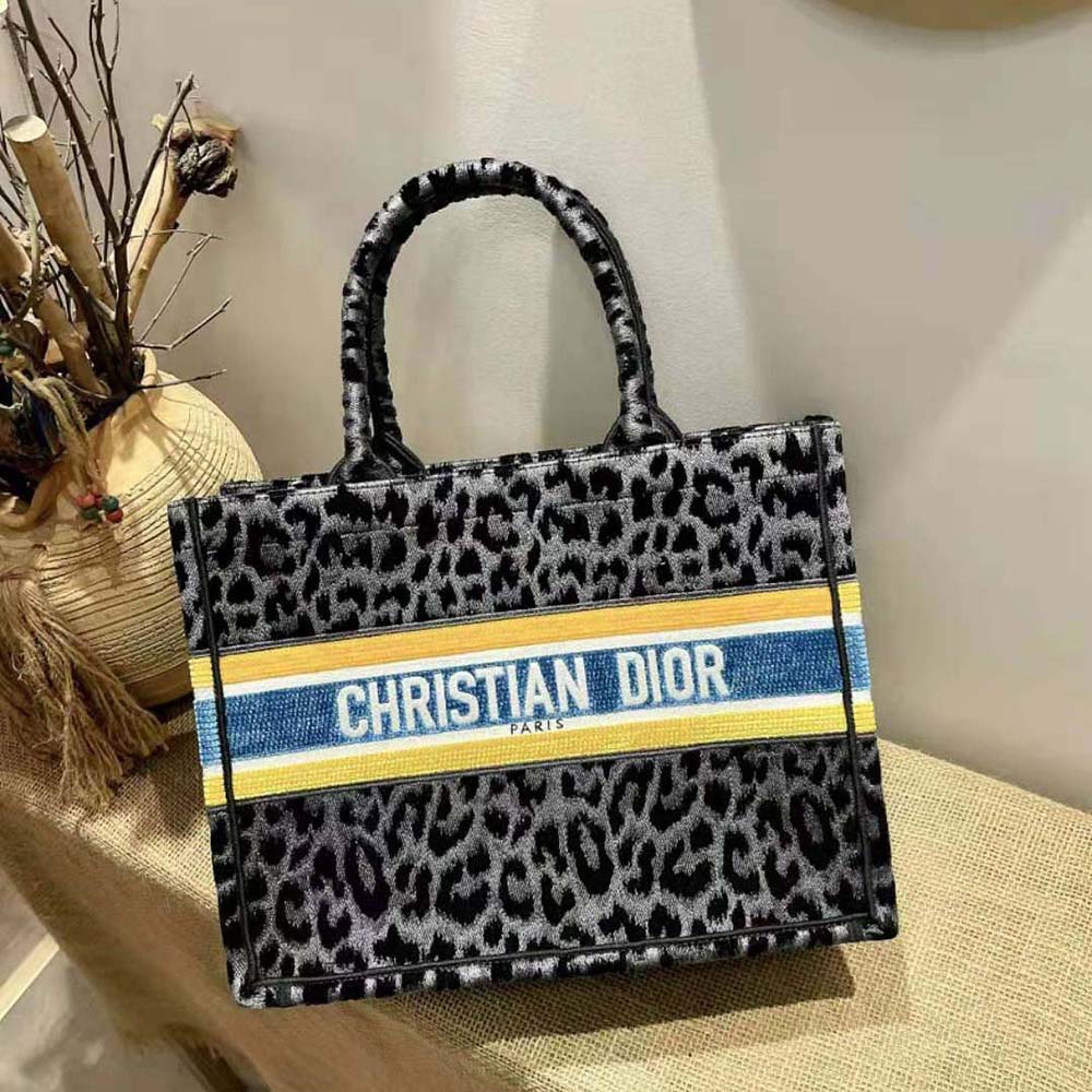 Dior Women Small Dior Book Tote Gray Mizza Embroidered Velvet