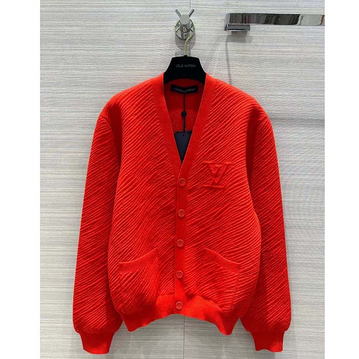 Louis Vuitton Women Wool Cardigan Regular Fit LV Epi XL Knitted Motif Red Certified Merino