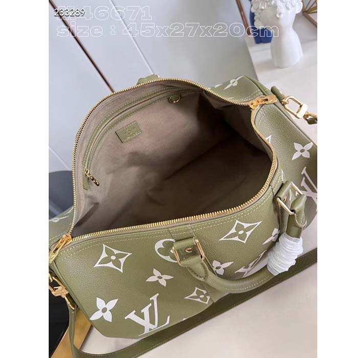 Louis Vuitton LV Unisex Keepall Bandoulière 45 Kaki Fango Cream Monogram Empreinte Embossed Cowhide Leather