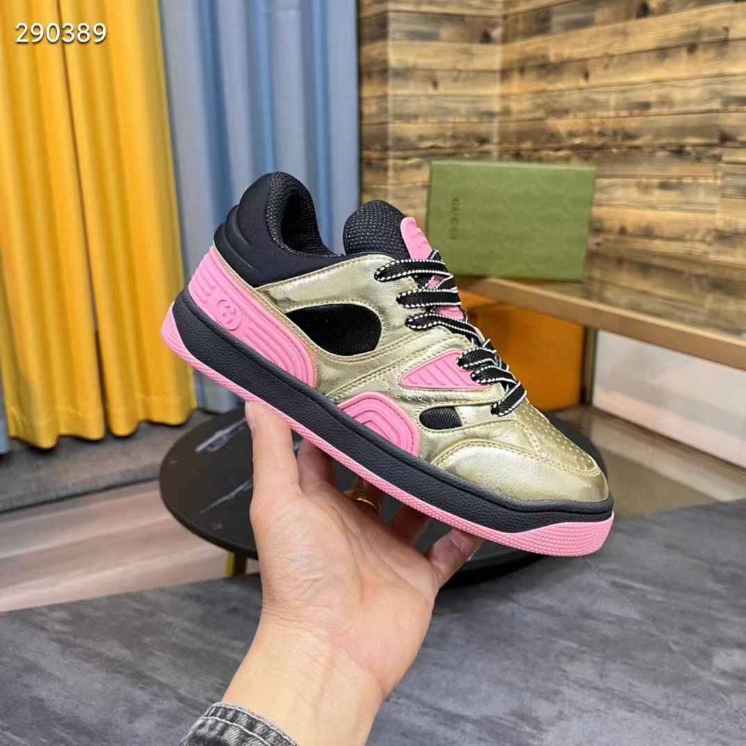 Gucci Unisex Basket Sneaker Gold Metallic Leather Pink Rubber Low 3.3 Cm Heel