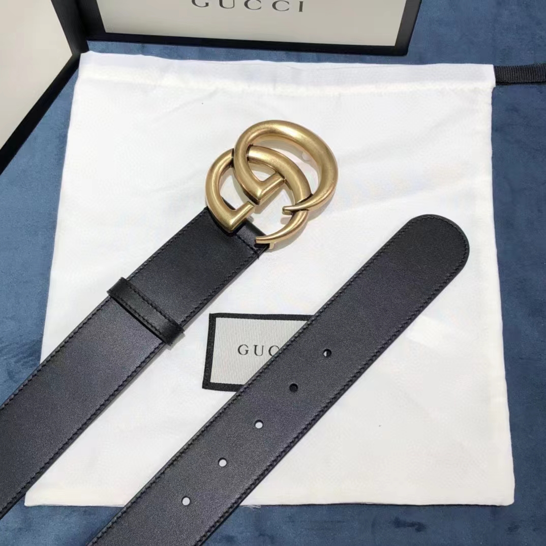 Gucci Unisex GG 2015 Re-Edition Wide Leather Belt Black Smooth Leather 3.8 CM Belt Width