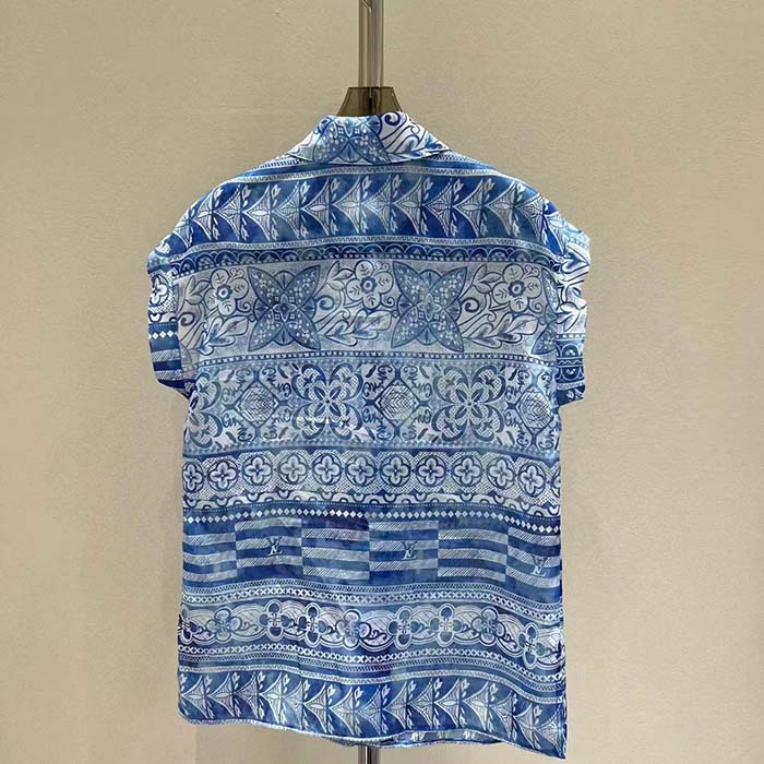 Louis Vuitton LV Women Monogram Tile Short Sleeve Shirt Cotton Blue White Regular Fit