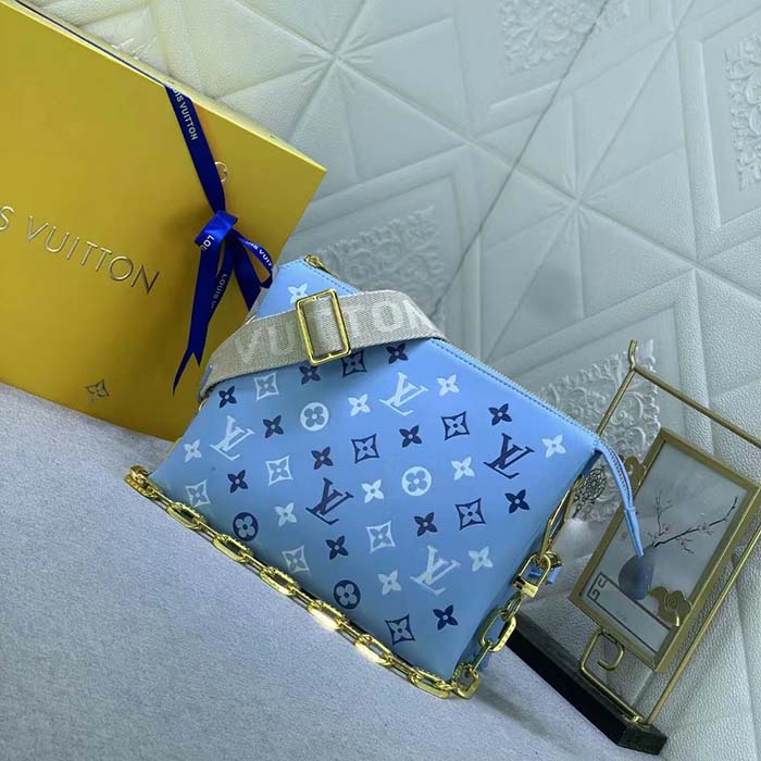 Louis Vuitton LV Women Coussin PM Handbag Blue Lambskin Silk Scarf Cowhide Leather